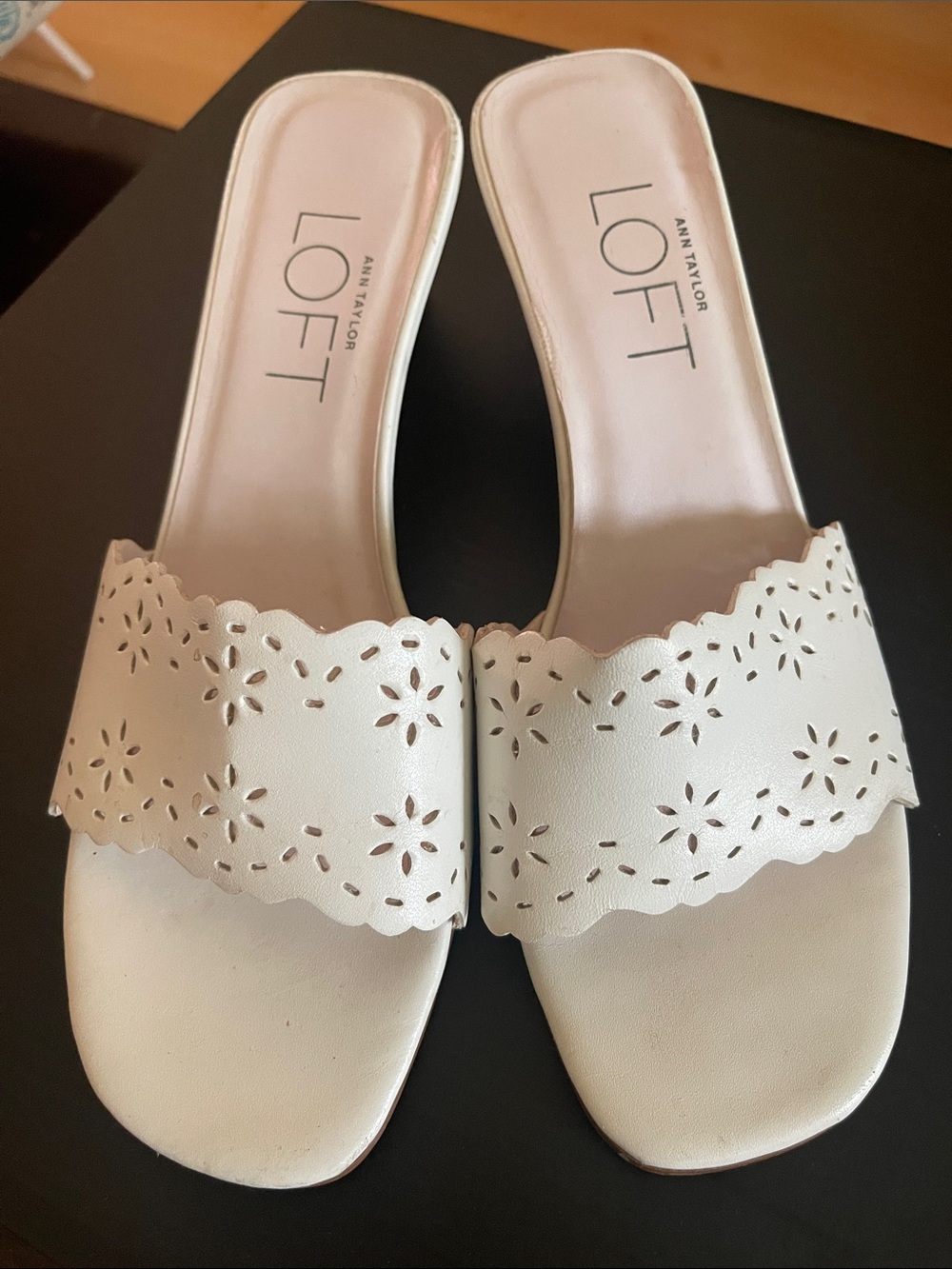 LOFT Cream Laser-Cut Scalloped Slide Mules